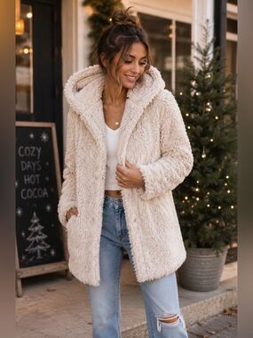 Hollister Faux Fur Coat Jacket Hooded Lined Small S